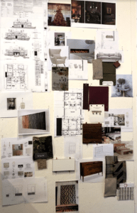 Concept board with photos and blueprints