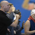 Brenau head coach Nathan Rhoads cheers during the Appalachian Athletic Conference Swimming & Diving Championship Meet on Friday, Feb. 9, 2019 in Kingsport, Tenn. (AJ Reynolds/Brenau University)