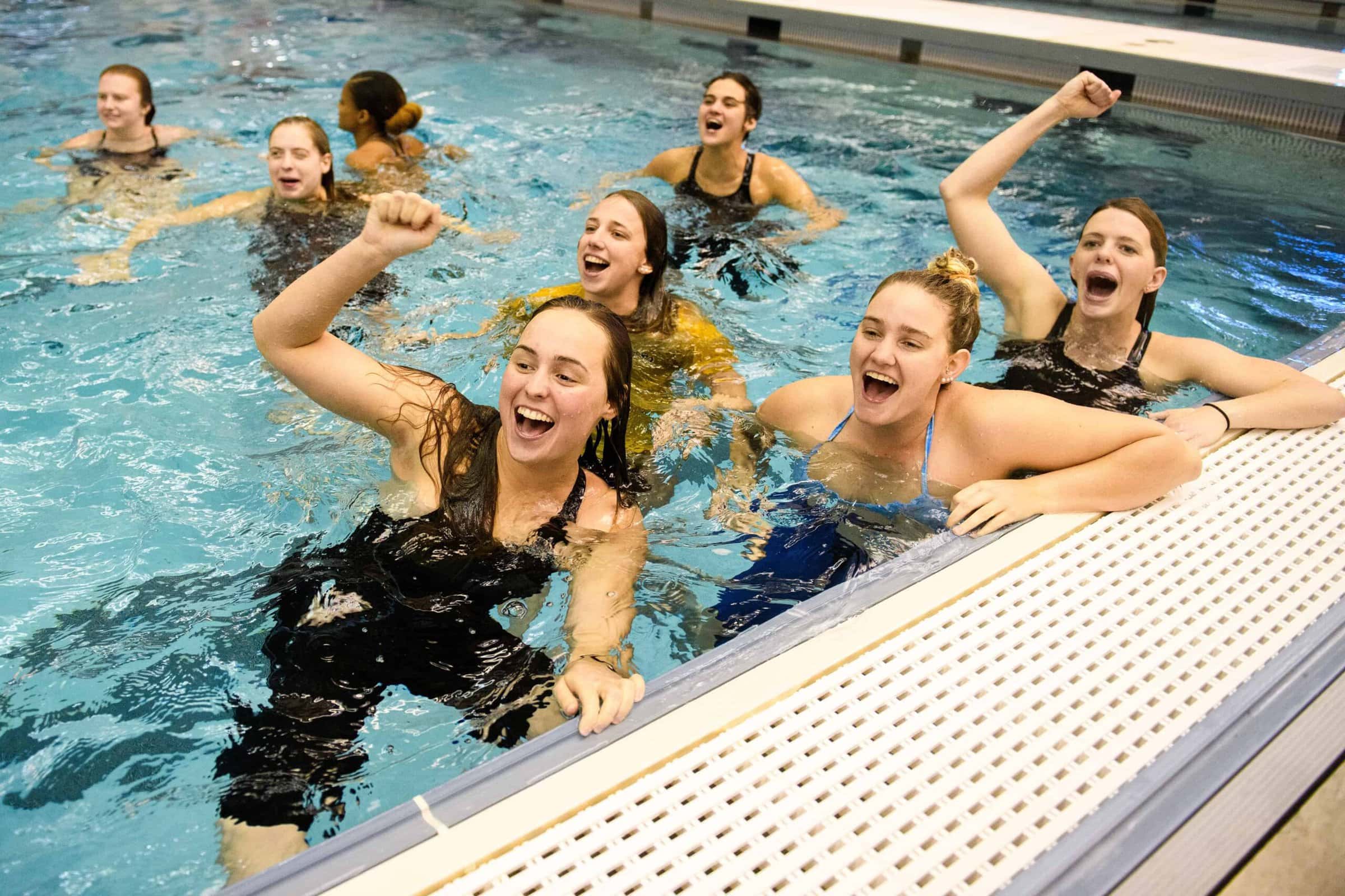 Brenau swimmers cheer for head coach Nathan Rhoads to dive into the pool after winning the Appalachian Athletic Conference Swimming & Diving Championship Meet on Saturday, Feb. 9, 2019 in Kingsport, Tenn. Brenau won the meet and are Appalachian Athletic Conference Champions for the second straight year. (AJ Reynolds/Brenau University)