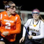 Brenau's Allie McConnell, a junior from Cumming, Ga., during the first Brenau lacrosse match against Georgetown College on Friday, Feb. 9, 2018 in Gainesville, Ga. (AJ Reynolds/Brenau University)