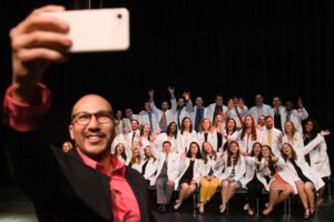 Dr. Fredy Solis, assistant professor of physical therapy at Brenau, takes a selfie with the first-year students in the Department of Physical Therapy. (AJ Reynolds/Brenau University)