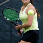Juana Zambrano hits a return during the final round of the Appalachian Athletics Conference Women’s Tennis Championship. (AJ Reynolds/Brenau University)