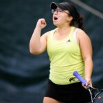 Valentina Pabon reacts after winning a point in doubles. (AJ Reynolds/Brenau University)