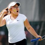 Valentina Pabon, a freshman from Bogota, Columbia, celebrates after winning her singles match and clinching the match for Brenau during the semifinal round of the Appalachian Athletic Conference women's tennis championships on Saturday, April 21, 2018, in Chattanooga Tenn. Brenau defeated Reinhardt 5-0. (AJ Reynolds/Brenau University)