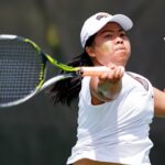 Peeraya Charoensirisutthikul, a freshman from Marietta, Ga., hits a return during the semifinal round of the Appalachian Athletic Conference women's tennis championships on Saturday, April 21, 2018, in Chattanooga Tenn. Brenau defeated Reinhardt 5-0. (AJ Reynolds/Brenau University)