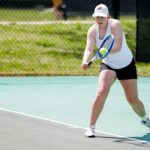 Kirsten Dickins, a junior from London, England, hits a return during the semifinal round of the Appalachian Athletic Conference women's tennis championships on Saturday, April 21, 2018, in Chattanooga Tenn. Brenau defeated Reinhardt 5-0. (AJ Reynolds/Brenau University)