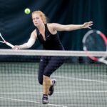 Paula Rives Palau, a senior from Barcelona, Spain, hits a return during the final round of the Appalachian Athletic Conference women's tennis championships on Sunday, April 22, 2018, in Chattanooga Tenn. Brenau defeated SCAD Atlanta 5-0 to win the AAC Championship. (AJ Reynolds/Brenau University)