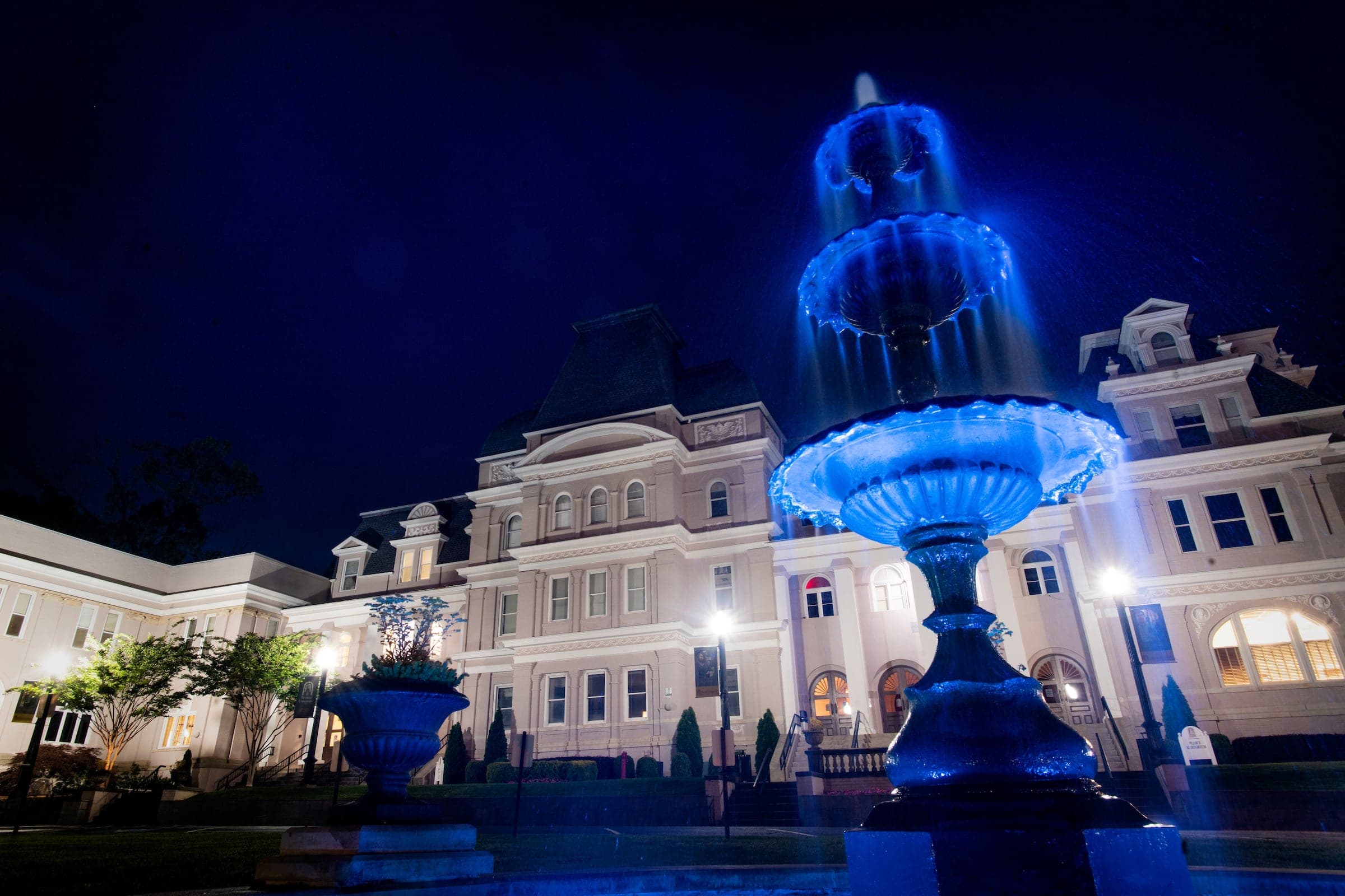 Brenau fountain goes blue for health care workers.