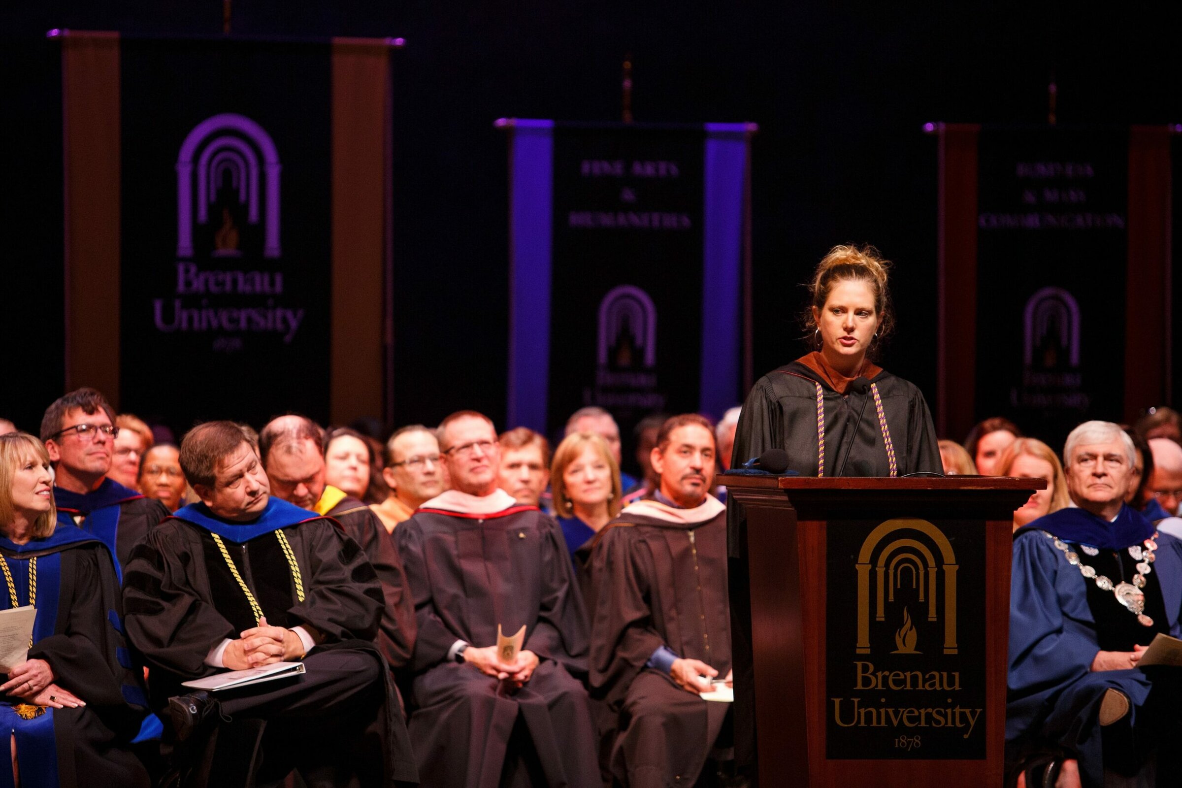 Chair and Associate Professor of Art & Design Claudia Wilburn gives a keynote speech at the 2018 Fall Formal Convocation in Pearce Auditorium. (Photos by AJ Reynolds/Brenau University)