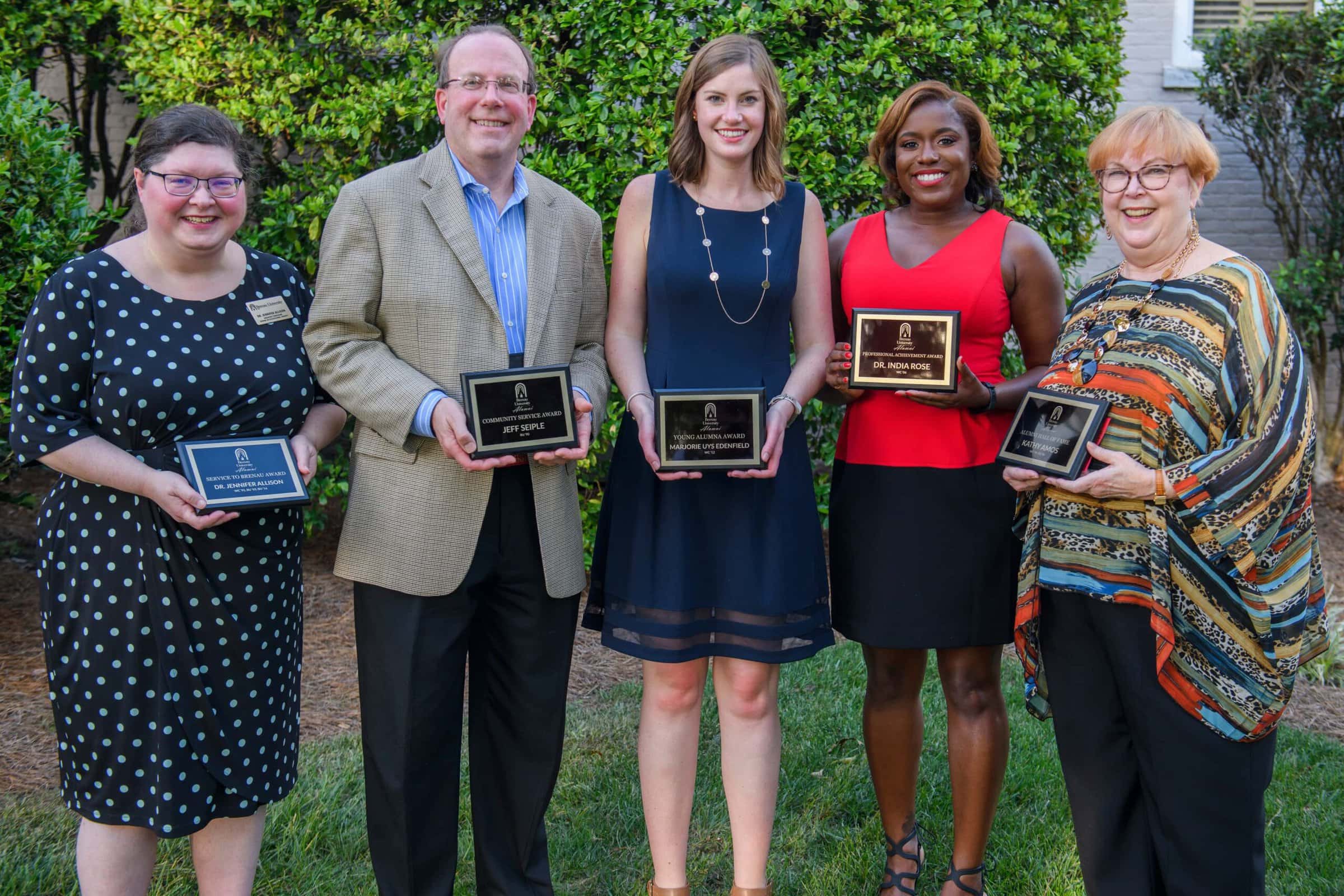 Alumni Award Winners from left to right, Dr. Jennifer Allison, Jeff Seiple, Marjorie Edenfield, Dr. India Rose and Kathy Amos