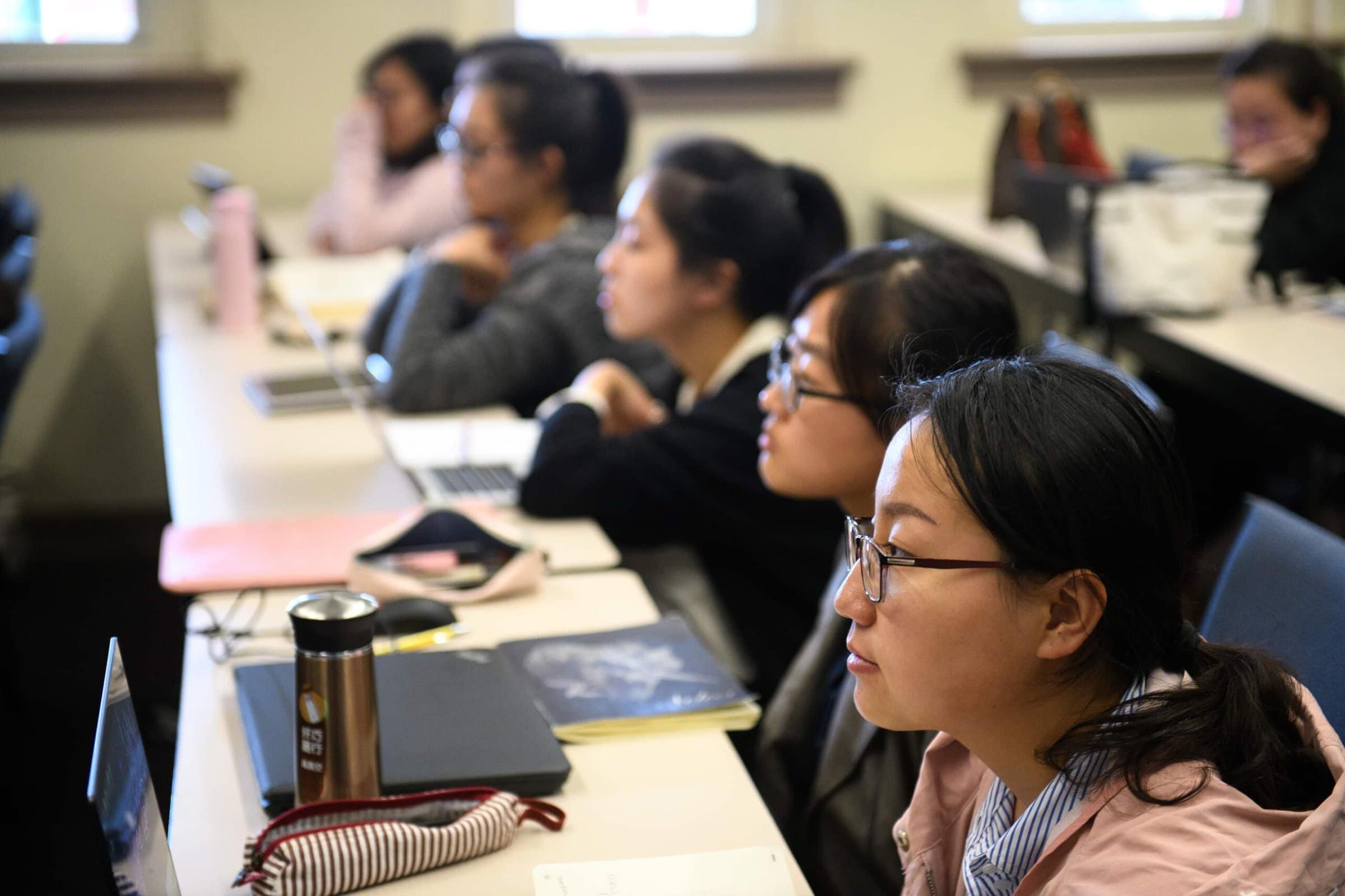A class of 2+2 students from Anhui Normal University in Wuhu, China, listen to Maryem speak about her own experiences as a foreign student at Brenau University. (AJ Reynolds/Brenau University)
