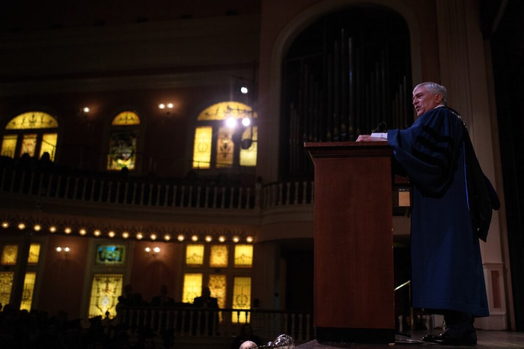 Brenau President Ed Schrader gives the commencement address during the Brenau University Undergraduate Commencement ceremony on Friday, Dec. 14, 2018 in Gainesville, Ga. (AJ Reynolds/Brenau University)