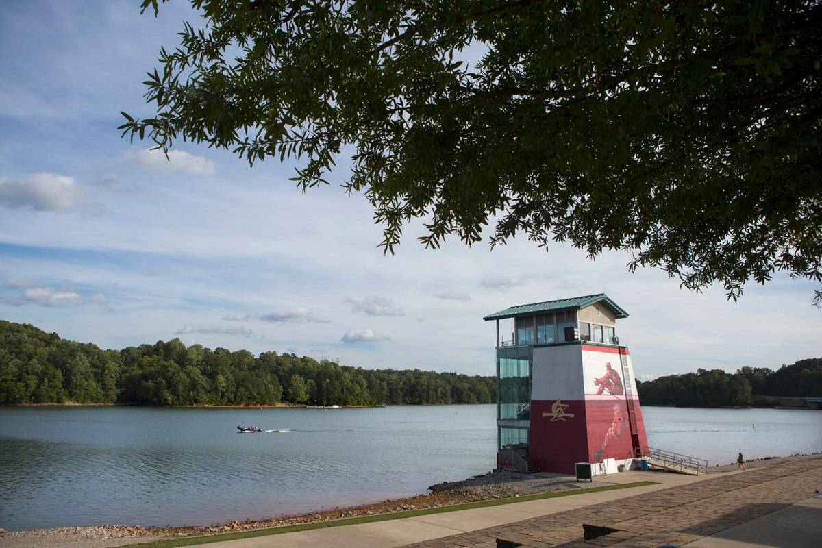 The rowing tower at the Olympic Village on the banks of Lake Lanier.