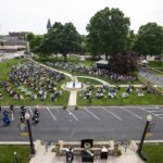 View of the audience from above and behind the podium