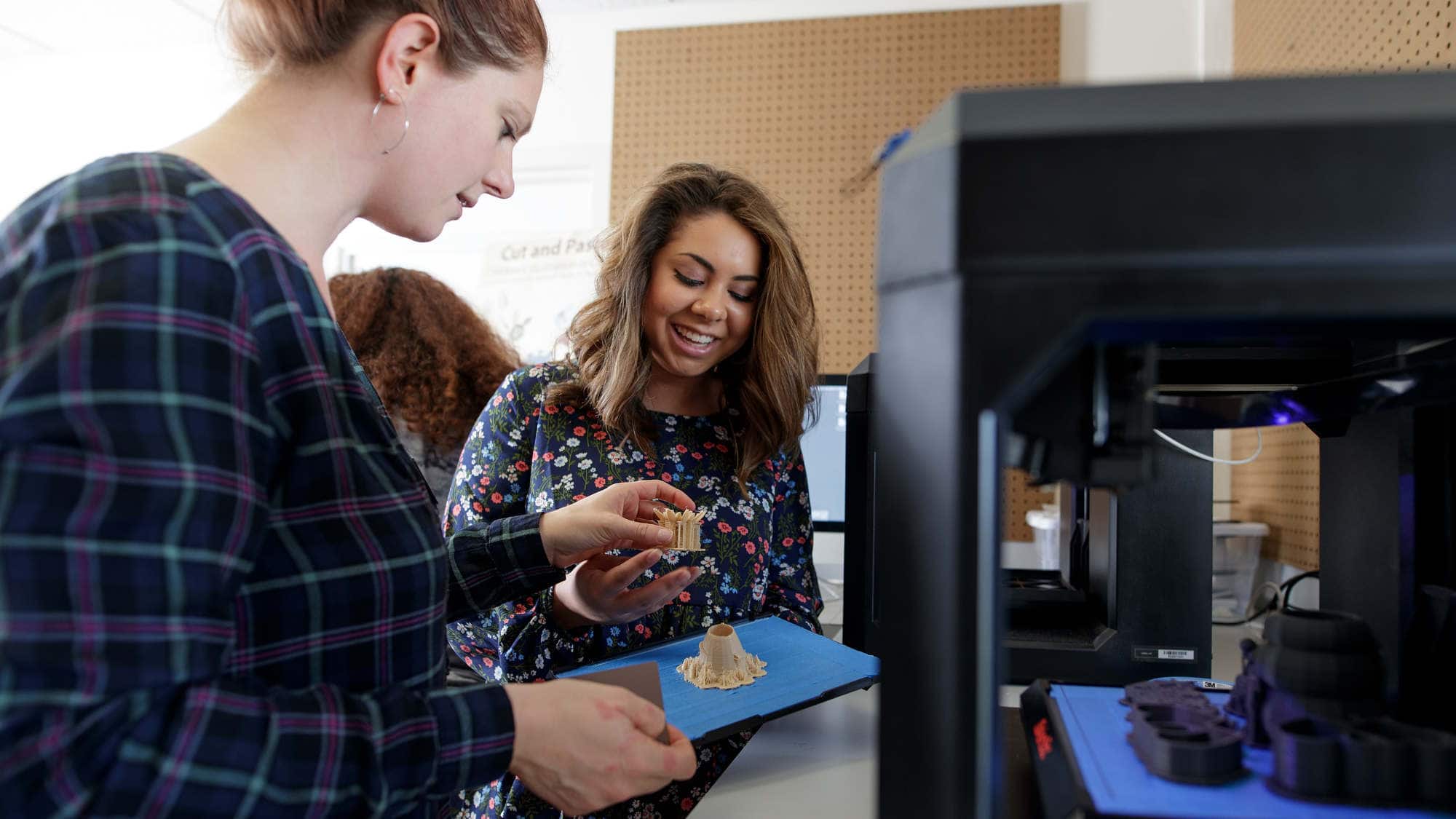 A student and professor work at a 3D printer