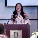 Hall of Fame indutee Tifanny Schandera Sanders speaks at the Brenau University Athletics Hall of Fame Awards on Sept. 29, 2018.