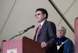 Duanming Zhou, provost of Anhui Normal University in Wuhu, China, speaks during the 2018 Spring Commencement Ceremony on Saturday, May 5, on Brenau University's historic Gainesville campus.