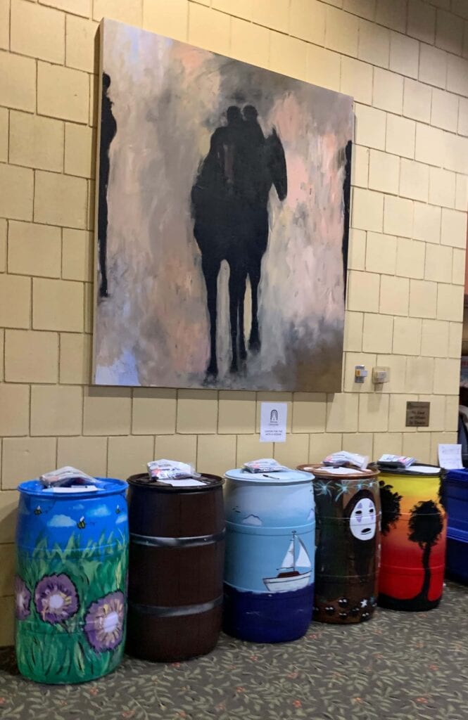 Rain barrels seen during the silent auction at the Wild and Scenic Film Festival.