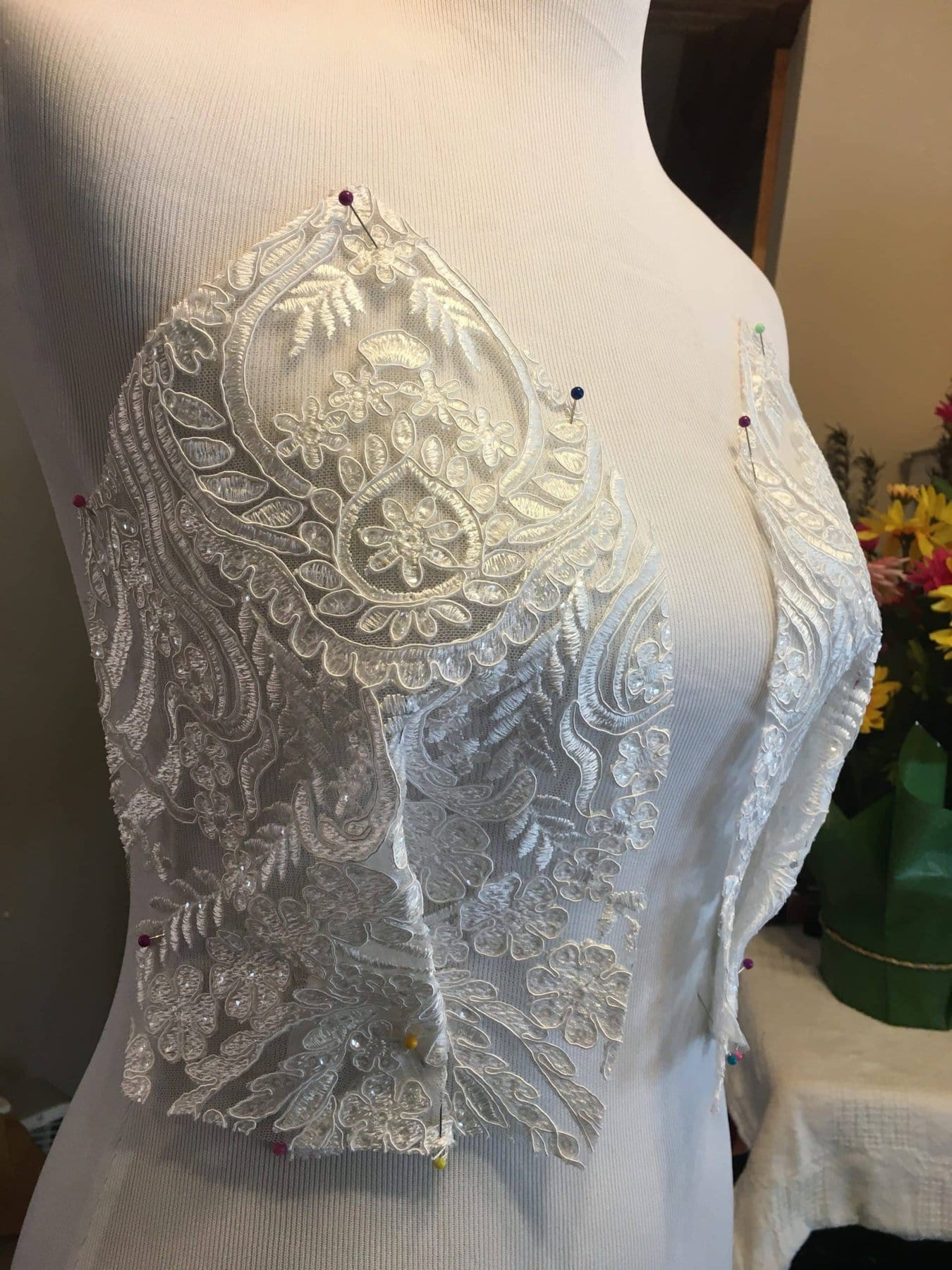 Detail of wedding gown from Kendy Manzano's final collection during construction