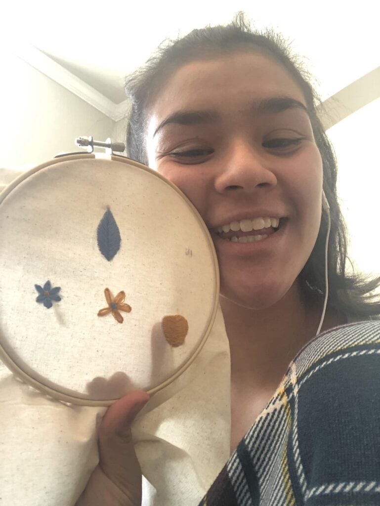 Juliana Cifuentes learns hand embroidery stitches at home