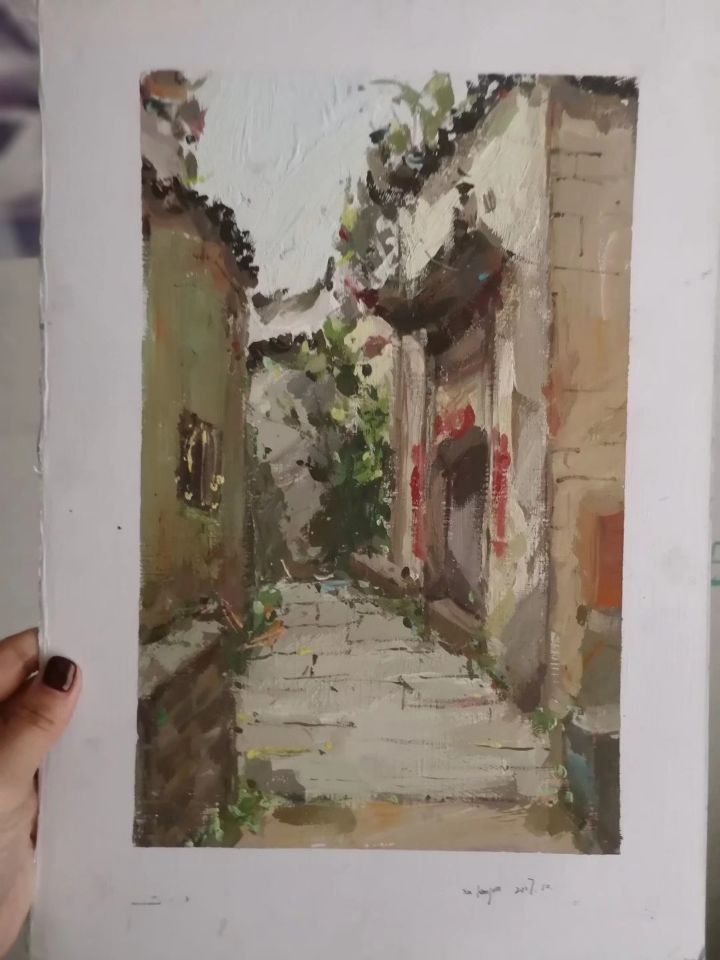 small watercolor of classical alleyway
