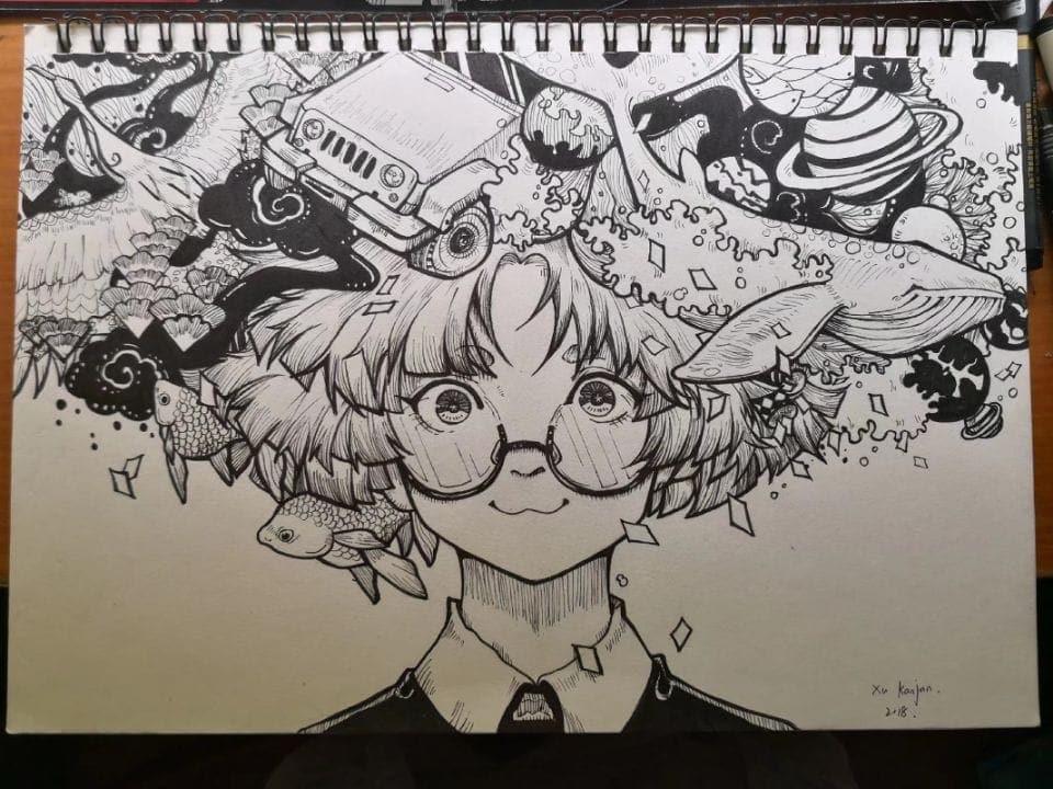 anime-style image of young woman with myriad objects coming out of her hair