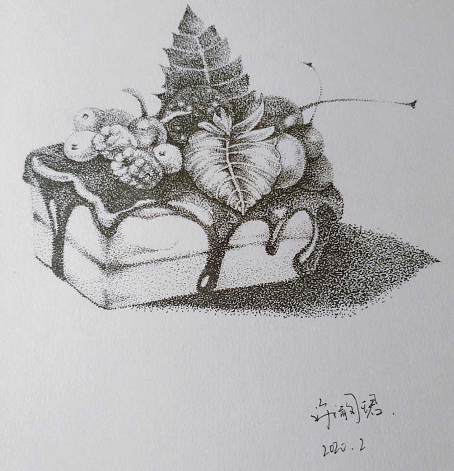 pointillist image of dessert garnished by berries, leaves and sauce