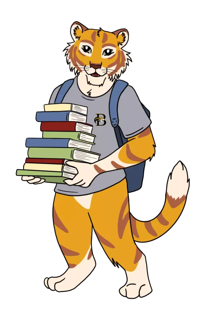 Illustration of HJ the tiger holding a stack of books