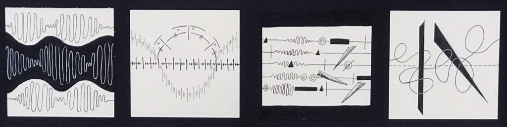 Series of four black and white drawings as studies of lines and curves.