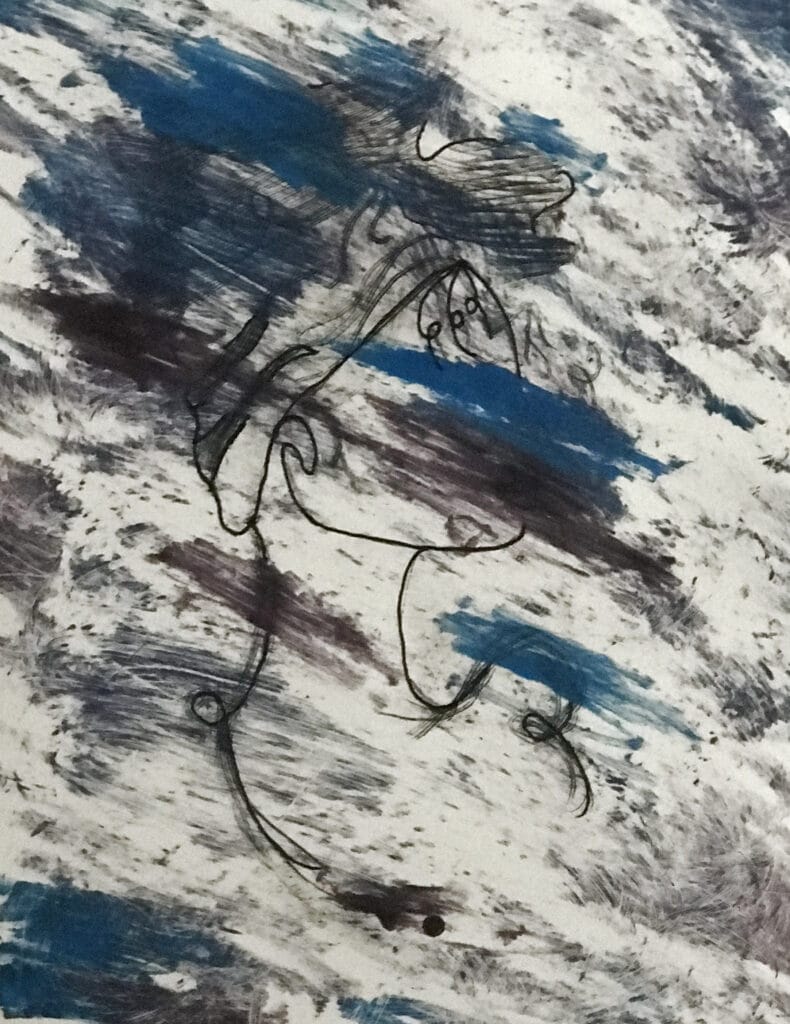Abstract line drawing of woman with black and blue washes of paint