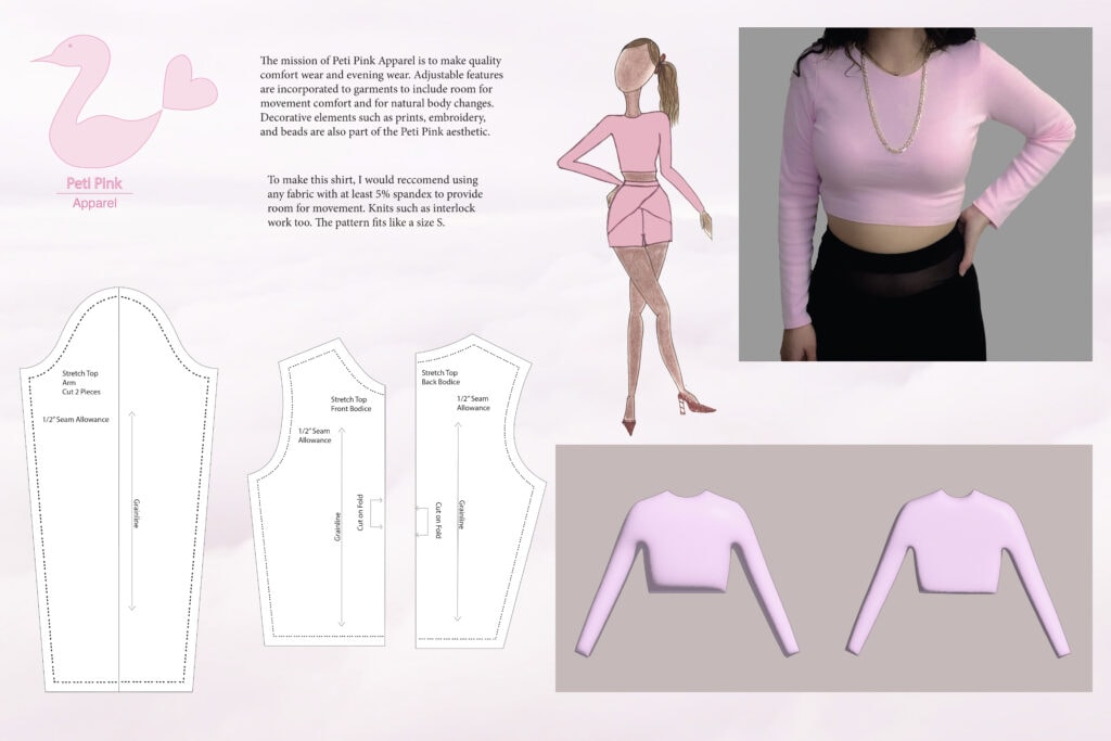 Drawings of a sewing pattern for a pink shirt and images of the finished shirt