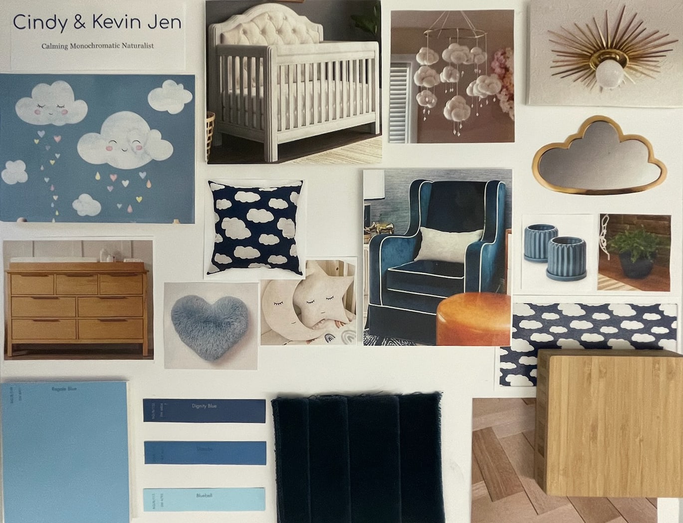 Collage of various images of decor and furniture in blues and neutral colors