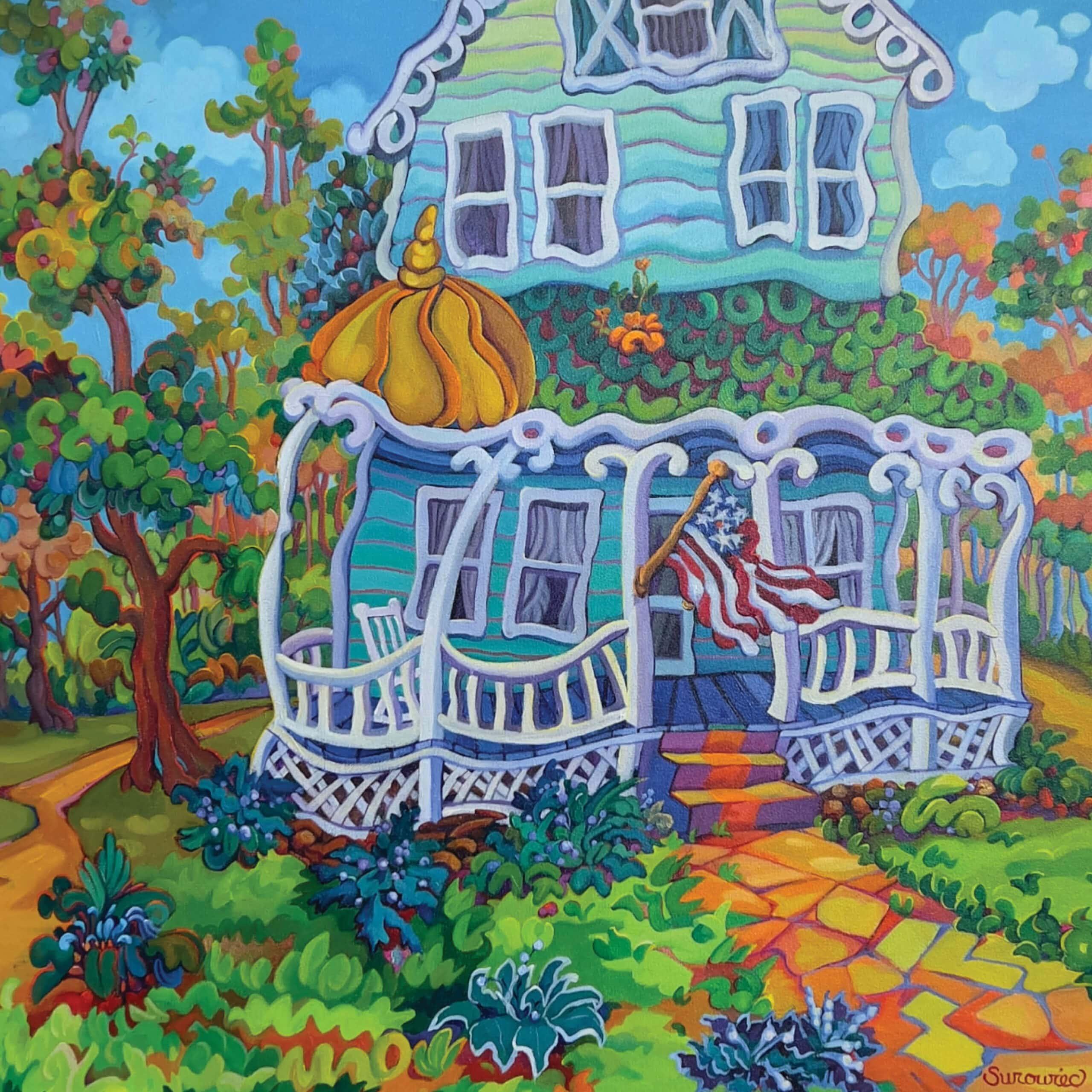 An acrylic painting of a colonial house with a wrap around porch, American flag and garden by Judith Surowiec.