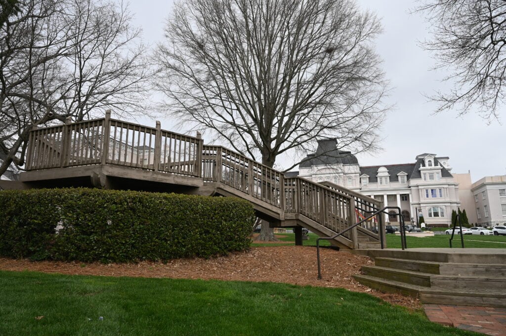 The wooden Crow's Nest structure before renovation in March 2023. It stands on the front lawn, near Pearce Auditorium.