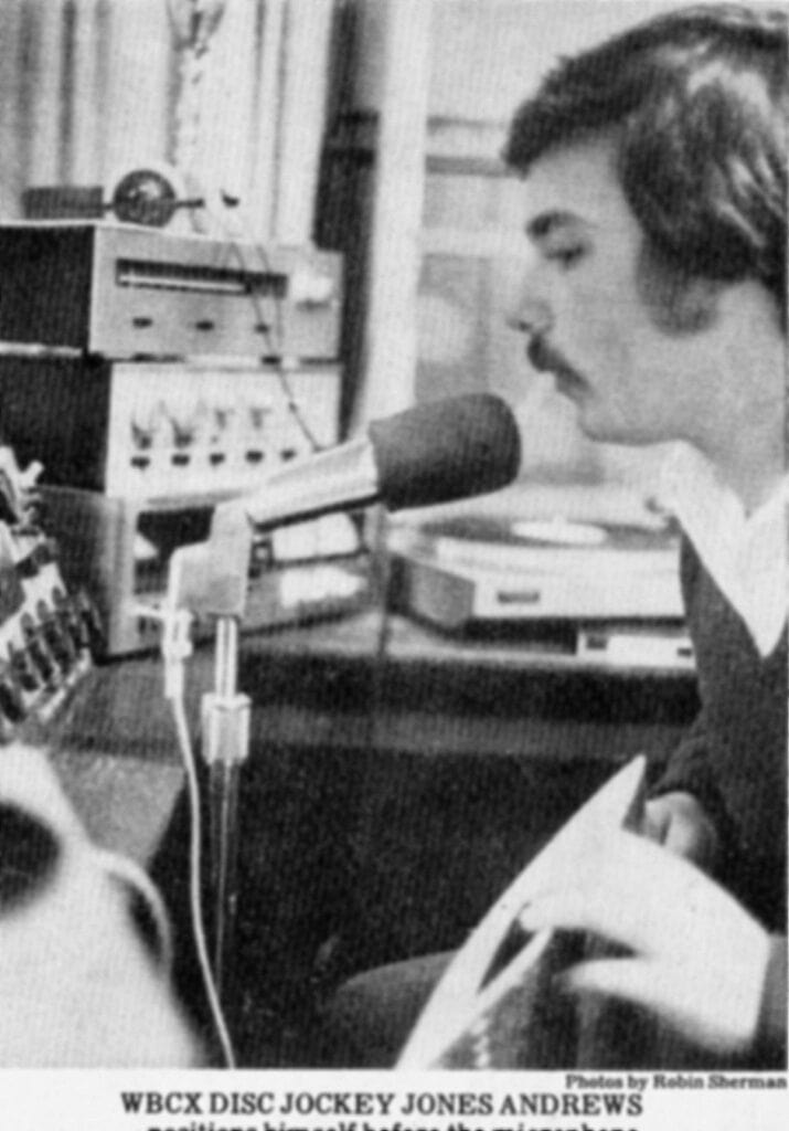 A black and white profile shot of Jay Andrews as a young disc jockey.