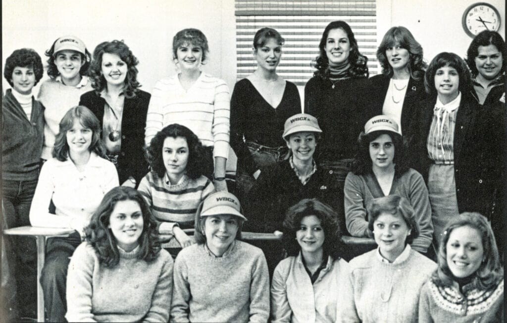 A black and white photo of the WBCX staff in 1981.