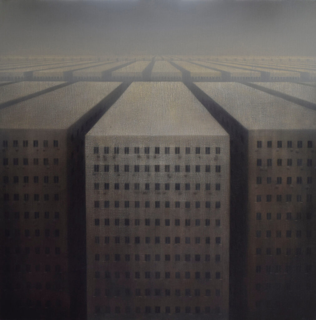 A painting of several grey skyscrapers