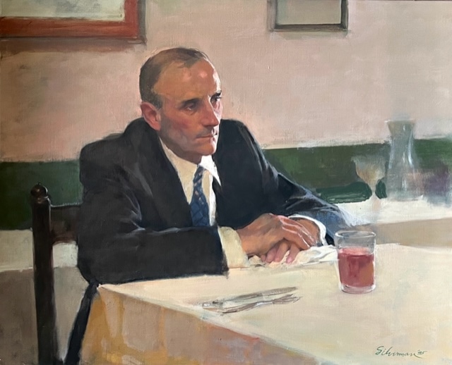 A painting of a man in a dark suit sitting at a table with a glass of wine