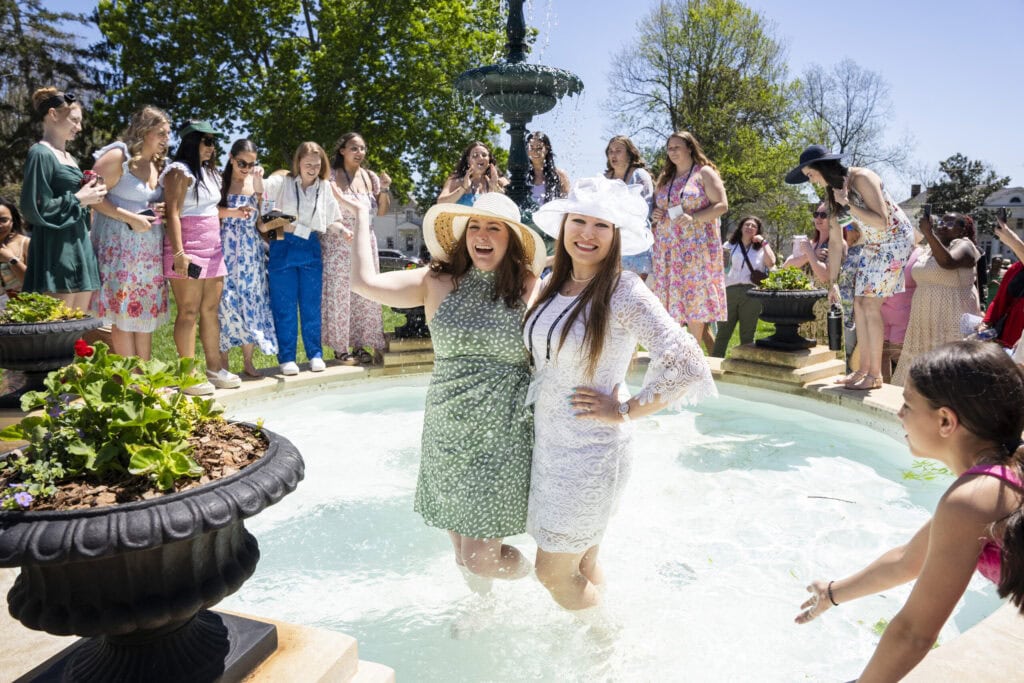 Two Phi Mu alumnae were thrown into the fountain