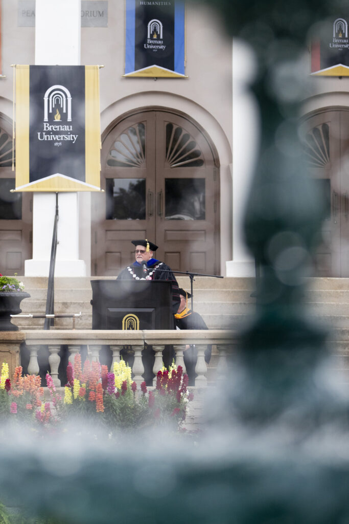 President David Barnett, from the view of the historic fountain on the front lawn