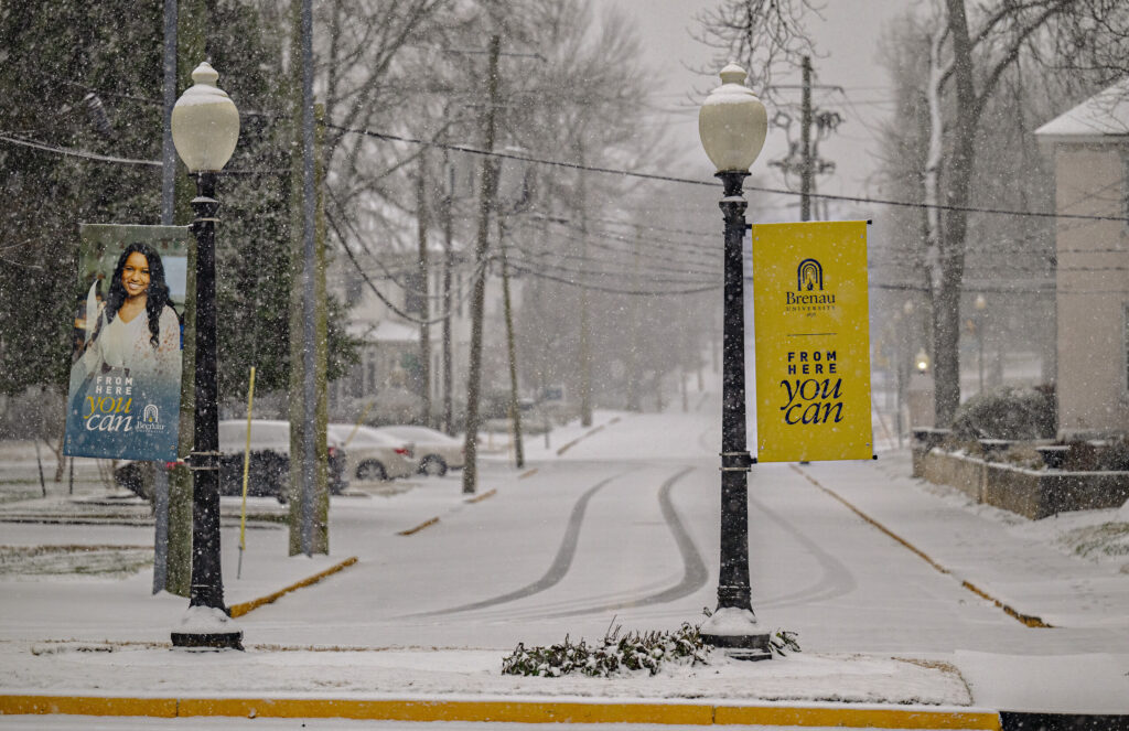 a brenau sign on a street light in the snow