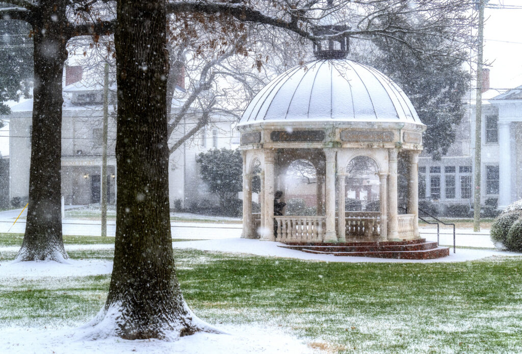 The front campus gazebo in the snow