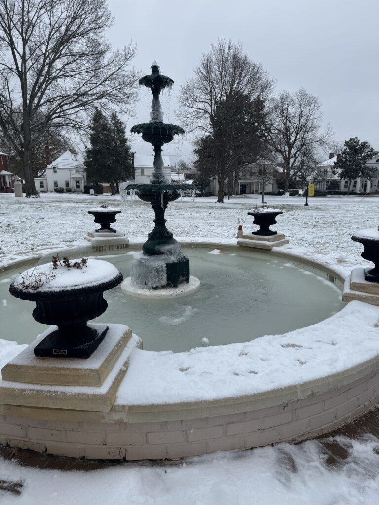 the frozen fountain on front campus