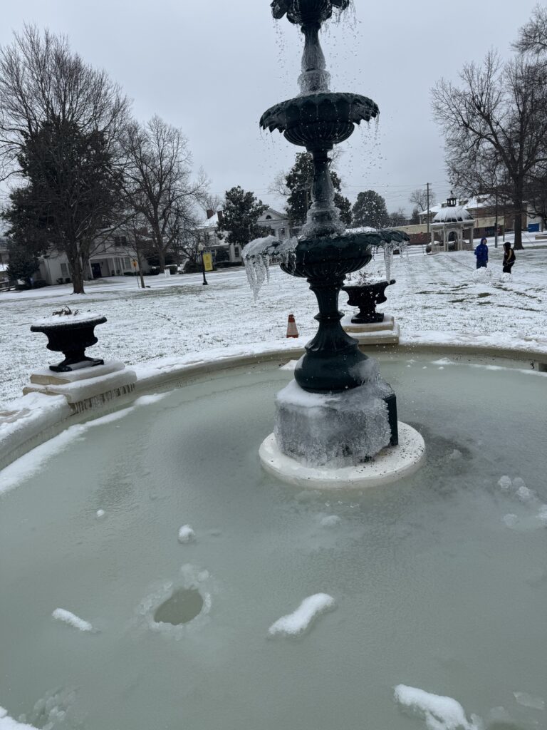 the frozen fountain on front campus