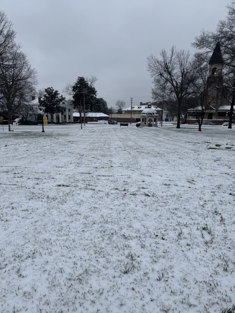 front campus with snow