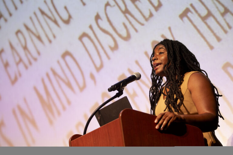 Monique Purnell in front of the Brenau Ideal