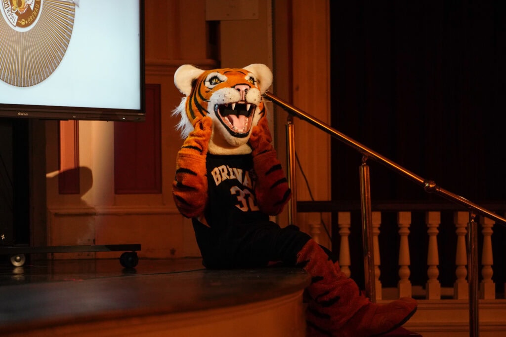 Brightly colored Brenau University mascot tiger seated on stage during event.