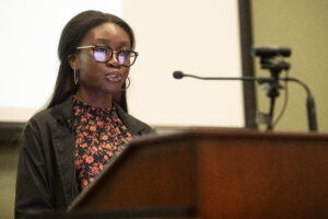 speech competitor at microphone