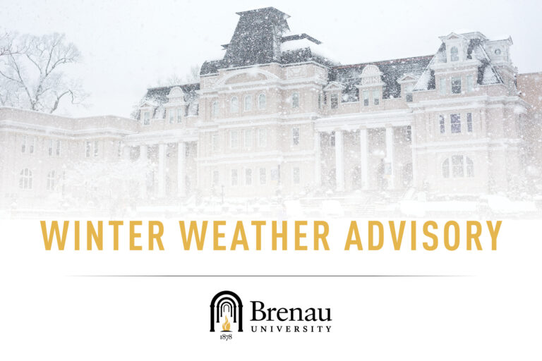 Snow-covered historic Brenau University campus during winter weather alert.