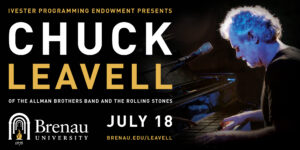 image of a man at a piano with promo text: Brenau concert series presents Chuck Leavell of the Allman Brothers Band and the Rollings Stones. July 18. Brenau.edu/leavell